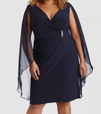 R & M Richards Plus Size Embellished Chiffon-Cape Dress - Navy Blue