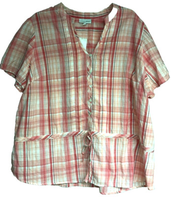 Fashion Bug 2X Pink NWT 100% Cotton Plaid Short Sleeve Button Front Blouse Pleat