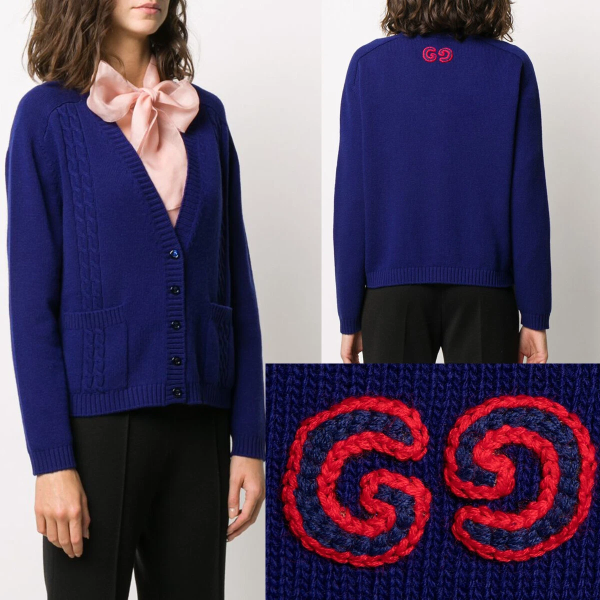 GUCCI 素敵!NAVY WOOL EMBROIDERED LOGO CABLE KNIT CARDIGAN 店舗の