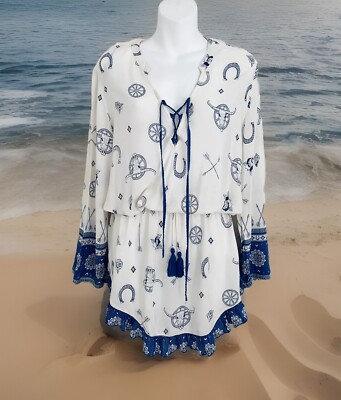 SURF GYPSY Tunic Top Sz S Blue Ivory Swim Beach Cover Up Festival Hippie Boho