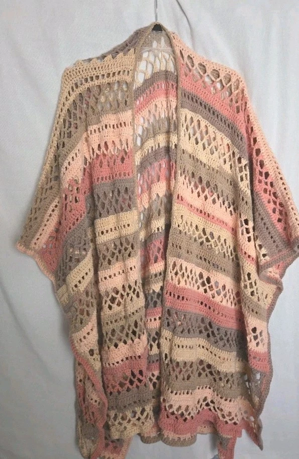 'Hand Made' Crocheted Poncho Style Shawl *Pink & Tan*45" Wide×35 1/2" Top-Down