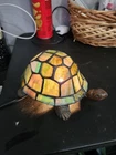 Vintage Tiffany Style Stained Glass Turtle Table Lamp Brass 8" Multicolor