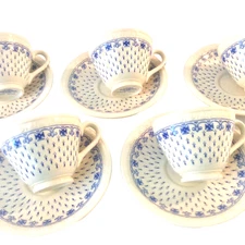 COPELAND SPODE SPODES ERMINE BLUE SET 5 COFFEE TEACUP CUPS SAUCERS HUGS&KISSES