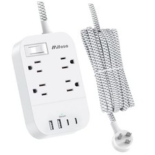 15FT Extension Cord, Flat Plug Power Strip with USB C, 4 Outlets 15 FT White