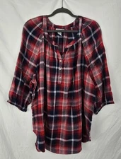 Catherines Red Plaid Cottagecore Rodeo Cowgirl 3/4 Sleeve Tunic Top sz 2X