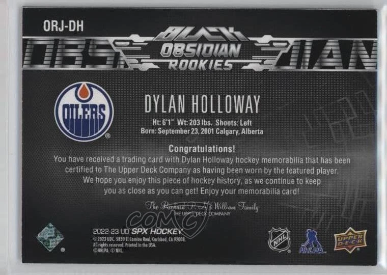 2022-23 SPx UD Black Obsidian Rookies Jersey /499 Dylan Holloway #ORJ-DH RC - Image 2 of 2