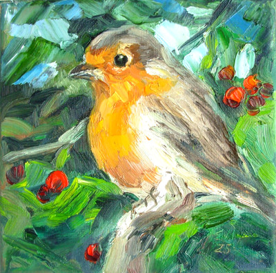 Rotkehlchen Vogel Original Ölgemälde Vogel Wandbild Wanddeko Leinwand 6x6 cm