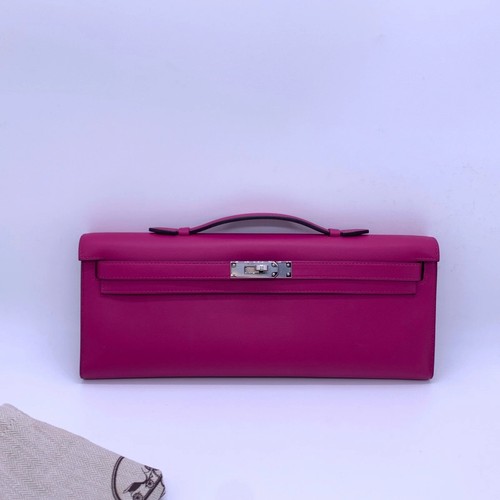 Hermes Kelly Cut Clutch Rose Pourpre Swift Leather PHW Bag D Stamp