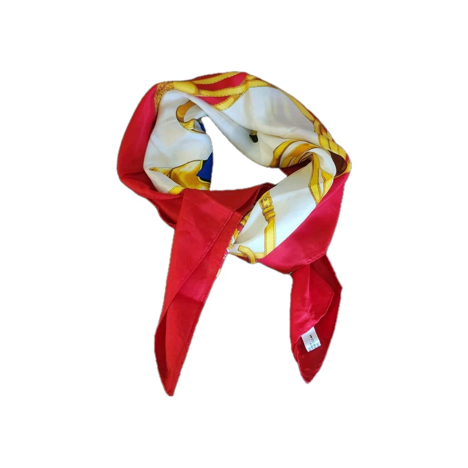 Vintage 100% Seda Design Equestre Ouro Vermelho Borda Costurada à Mão 32x32" Coreia - Imagem 2 de 4