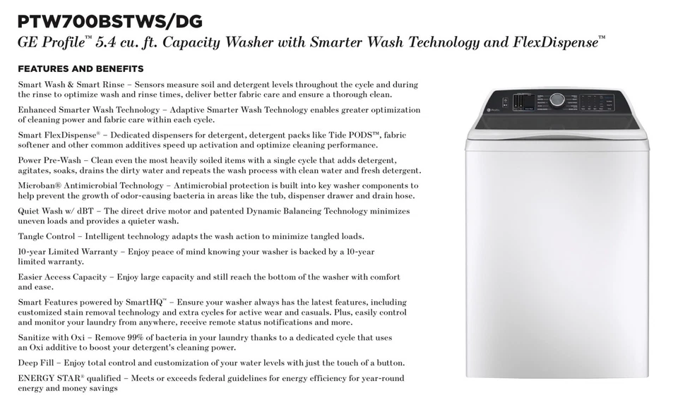  Lavadora GE Profile 5,4 pies cúbicos blanca carga superior   Foto 4 de 4