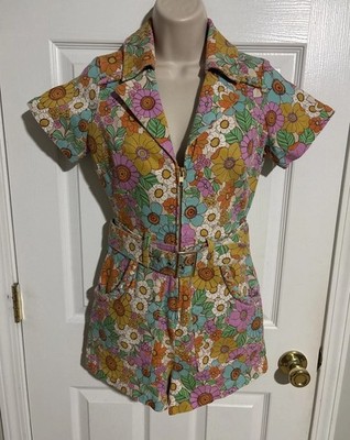 Show Me Your Mumu Romper Womens S Multicolor 70 s Floral Denim Belted Collared