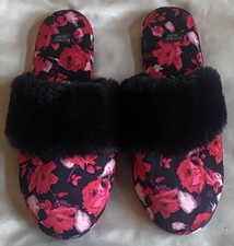NWOT Victoria's Secret Black Faux Fur Trim Floral Slide Slippers - Size M 7/8 