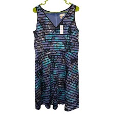 Ann Taylor Loft Fit and Flare Dress 10 Blue Floral Striped Sleeveless V-Neck