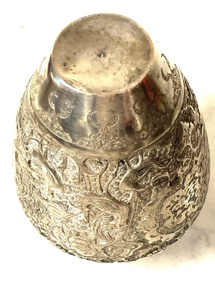 古董波斯中东银色手工追逐花瓶鸟花 5 英寸 — 第 3/3 张图片