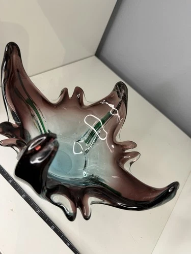 Vintage Murano Style Sommerso Art Glass Splash Bowl - Purple, Aqua, Green 10"