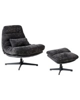 Sessel Mit Hocker Chenille Stoff Schwarz Gesteppt Drehkreuz Retro Tovik
