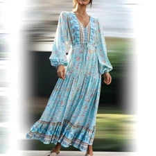 R Vivimos Tiered Ruffled Boho Floral High Waist w Drawstring Cottage Maxi Medium