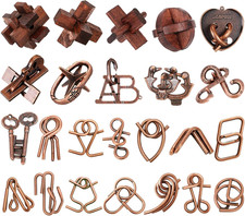 24 Pcs Brain Teaser Puzzles for Adults - Metal  Wooden 3D IQ Test Logic Game
