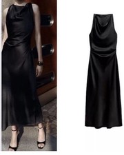 Zara Satin Effect Midi Dress Black L Ruching Waist Round Neck Twisted Armscyes