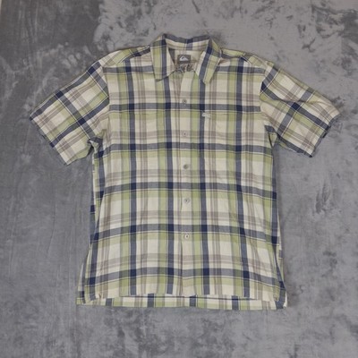 Quicksilver Button Down Shirt Mens Small Plaid Short Sleeve Casual Green Beach