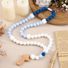 Baby Rosary Baptism Gift Silicone God Bless Kids Cross Communion Blue Square