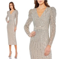 Mac Duggal 93676 V Neck Beaded Lace Midi Long Sleeve Dress Silver Taupe Size 8