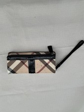 Burberry Plaid Wristlet Clutch Beige Black Brown Red Zip Closure Women's