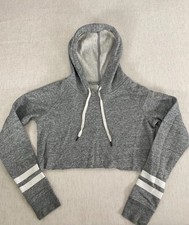 Old Navy Sweatshirt Womens XS Gray Two Striped Sleeve Cropped Drawstring Hoodie