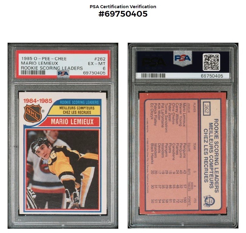 1985 OPeeChee 262 Mario Lemieux RC ROOKIE NHL Scoring Leaders PSA 6