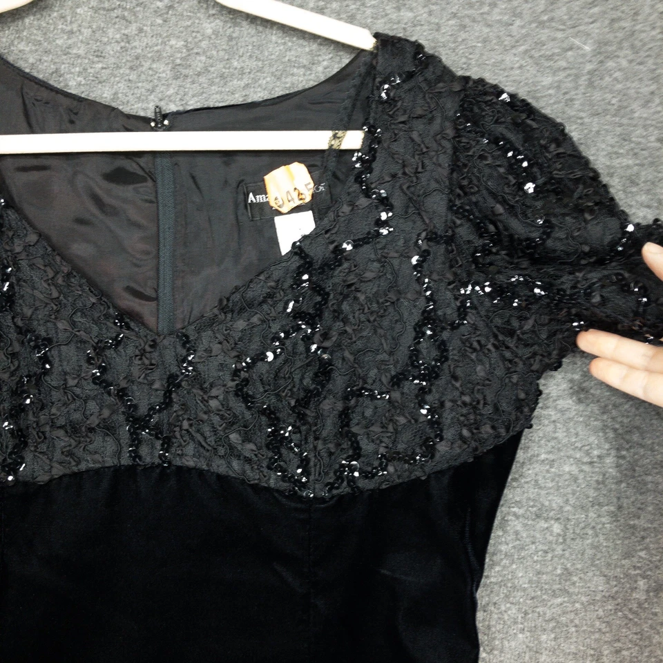 Vestido corto vintage Amanda Taylor terciopelo negro lentejuelas mangas hinchadas para mujer 12 Foto 4 de 4