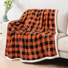 Black Orange Buffalo Plaid Sherpa Throw Blanket 60 x 80 Inches Checker Orange