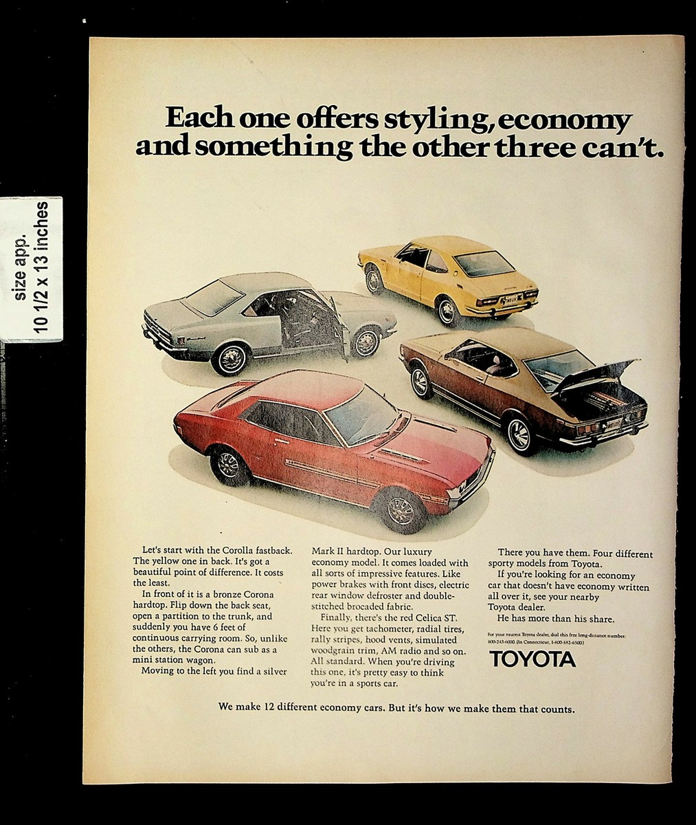 1971 Toyota Economy Cars Corolla Fastback Corona Vintage Print Ad