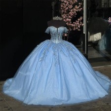 Glitters Blue Quinceanera Dresses Off the Shoulder Prom Sweet 15 16 Ball Gowns