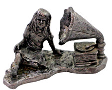 Vintage Michael Ricker Girl with Gramophone Record Player 1126 Pewter Figurine