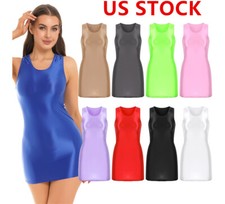 Women's Glossy Bodycon Dress U Neck Shiny Mini Dress Sexy Rave Party Clubwear
