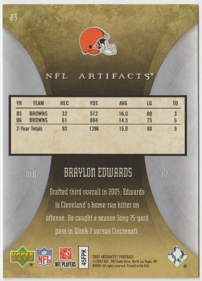 2007 Artifacts Football #25 Braylon Edwards - Cleveland Browns - Image 2 of 2