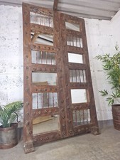 Large Vintage Reclaimed Indian Mirrored Carved Wooden Room Divider Screen Mirror