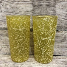Vintage Color Craft Shat-R-Pruf Spaghetti String Glass 2 Yellow Tumblers Glasses