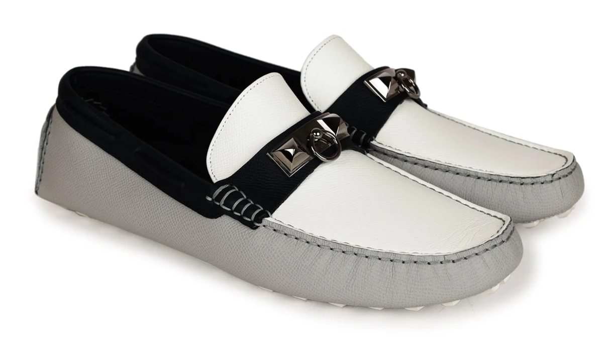 HERMES Classic Leather-Trim Canvas Slip-On Loafers in Cream and Black Hermes Goatskin Womens Paris Loafers 38.5 Beige Nude 1883505  main image 4