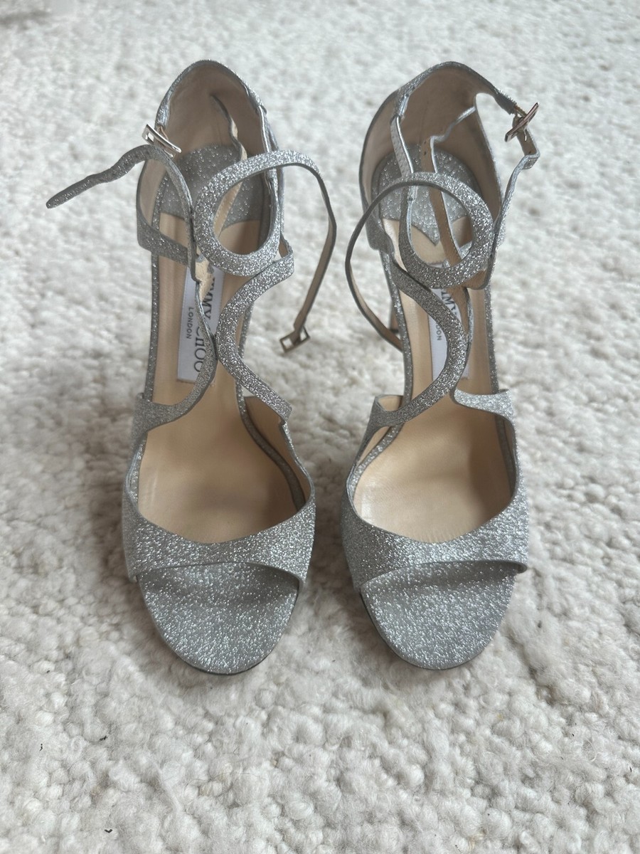 Jimmy Choo シルバー ハイヒール　サンダル　LANCER Jimmy Choo Lance Sandals Platinum Ice Dusty Glitter