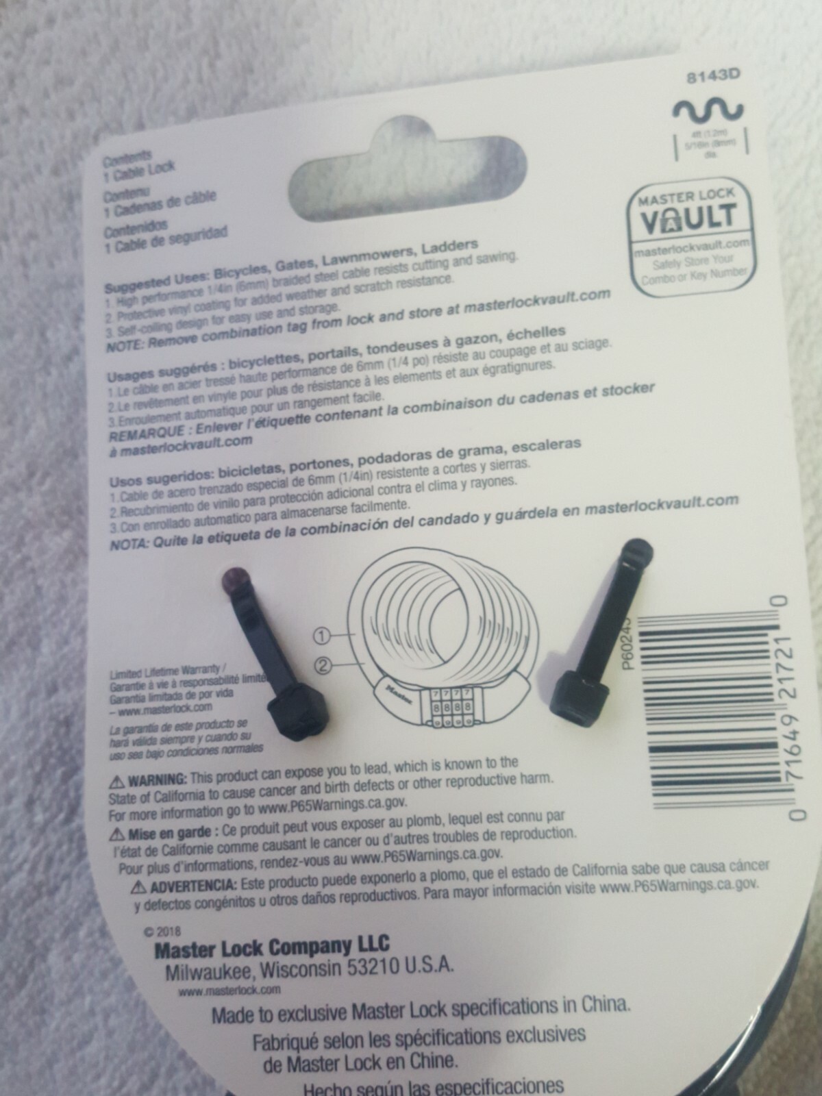 (6 pcs)NEW Master Lock 8143D Combination Bike Lock 4 ft long 5/16 in