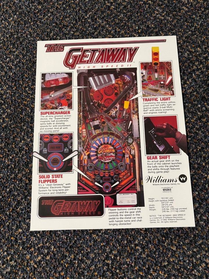 ONE 1992 FACTORY ORIGINAL WILLIAMS THE GETAWAY PROMO PINBALL FLYER