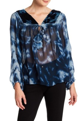 Gypsy05 Velvet Yoke Tie Dye Popover Blouse Harper Teal Womens Chs SzS or M Sheer