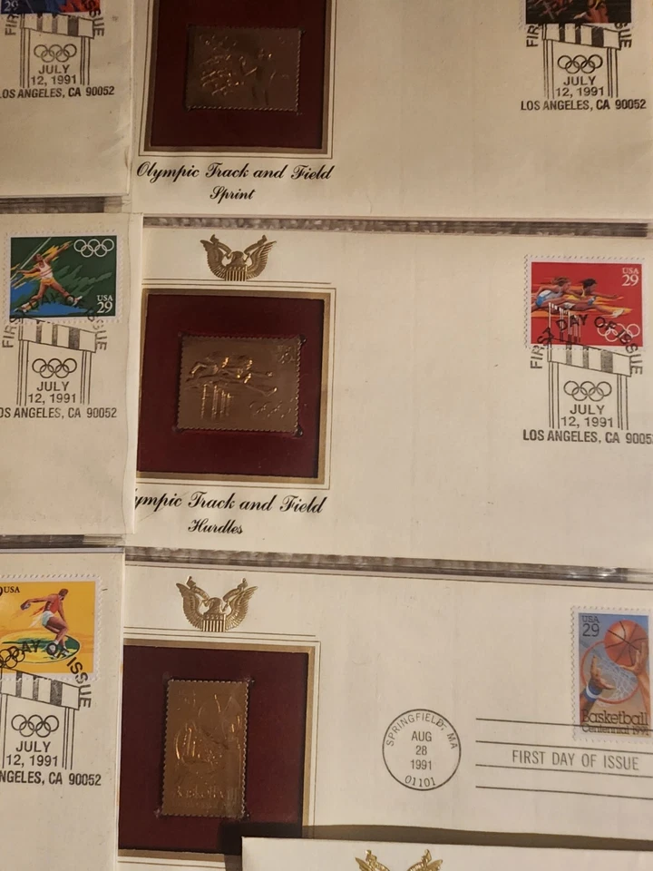 13 TOTAL 1992 22kt Gold Stamps. Winter Olympics:  FIRST DAY OF ISSUE.  - Image 3 of 4