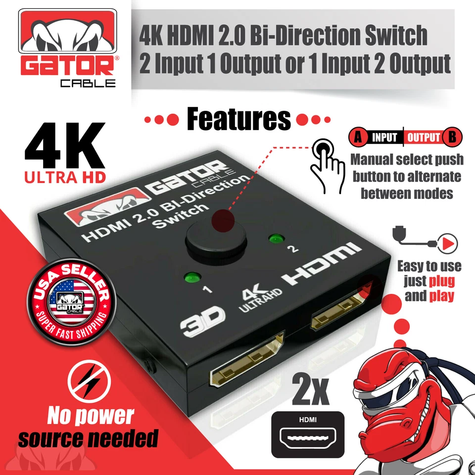 Bi-Direction HDMI Switch Switcher Splitter Cable 4K 2.0 HUB HDCP 2x1 1x2 In Out - Image 3 of 4