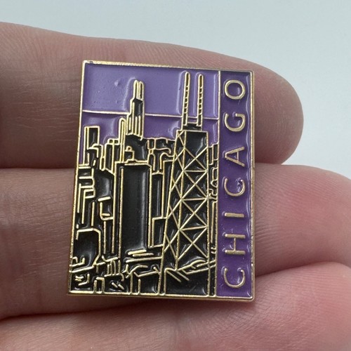 Vintage Chicago Skyline Lapel Pin Industrial Architecture Purple Enamel Souvenir