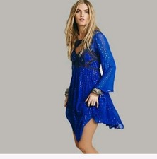 Free People All You Need Dress Cobal Blue Embroidered Boho Mini Size M