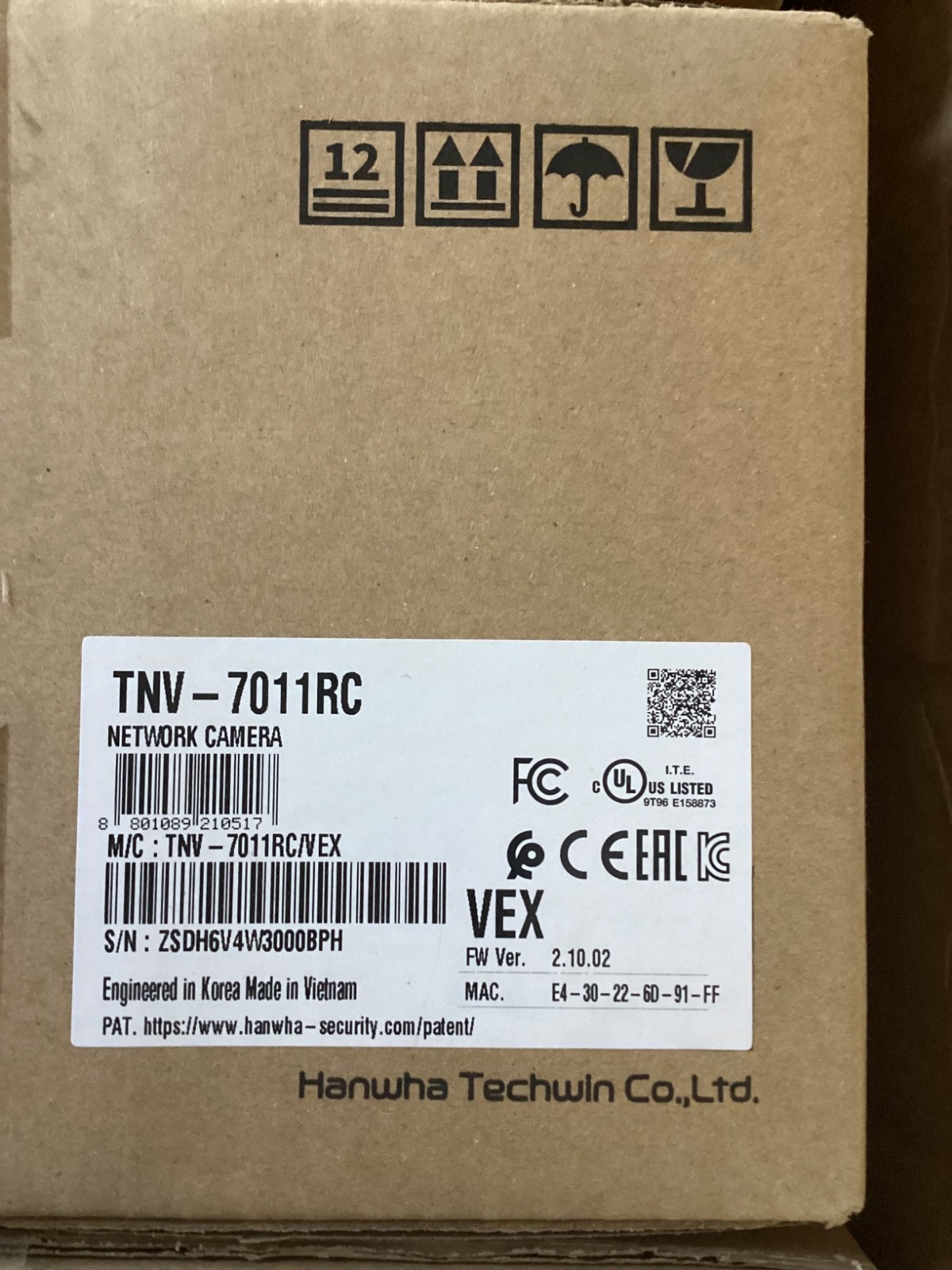 Hanwha Wisenet TNV-7011RC 3 Megapixel Outdoor IR Vandal Resistant Corner Camera