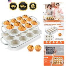 2Pack Silicone Muffin Pan for Baking with Metal Reinforced Frame, 12 Cup Regu...