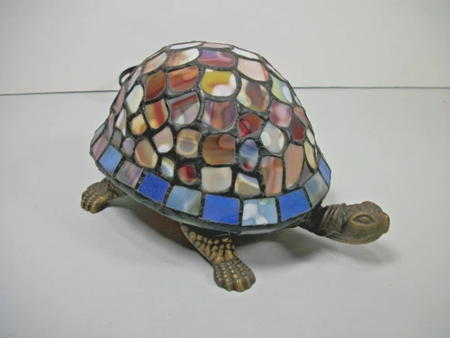 Vintage Brass Bronze Tiffany Style Turtle Accent Lamp Night Light Stained Glass